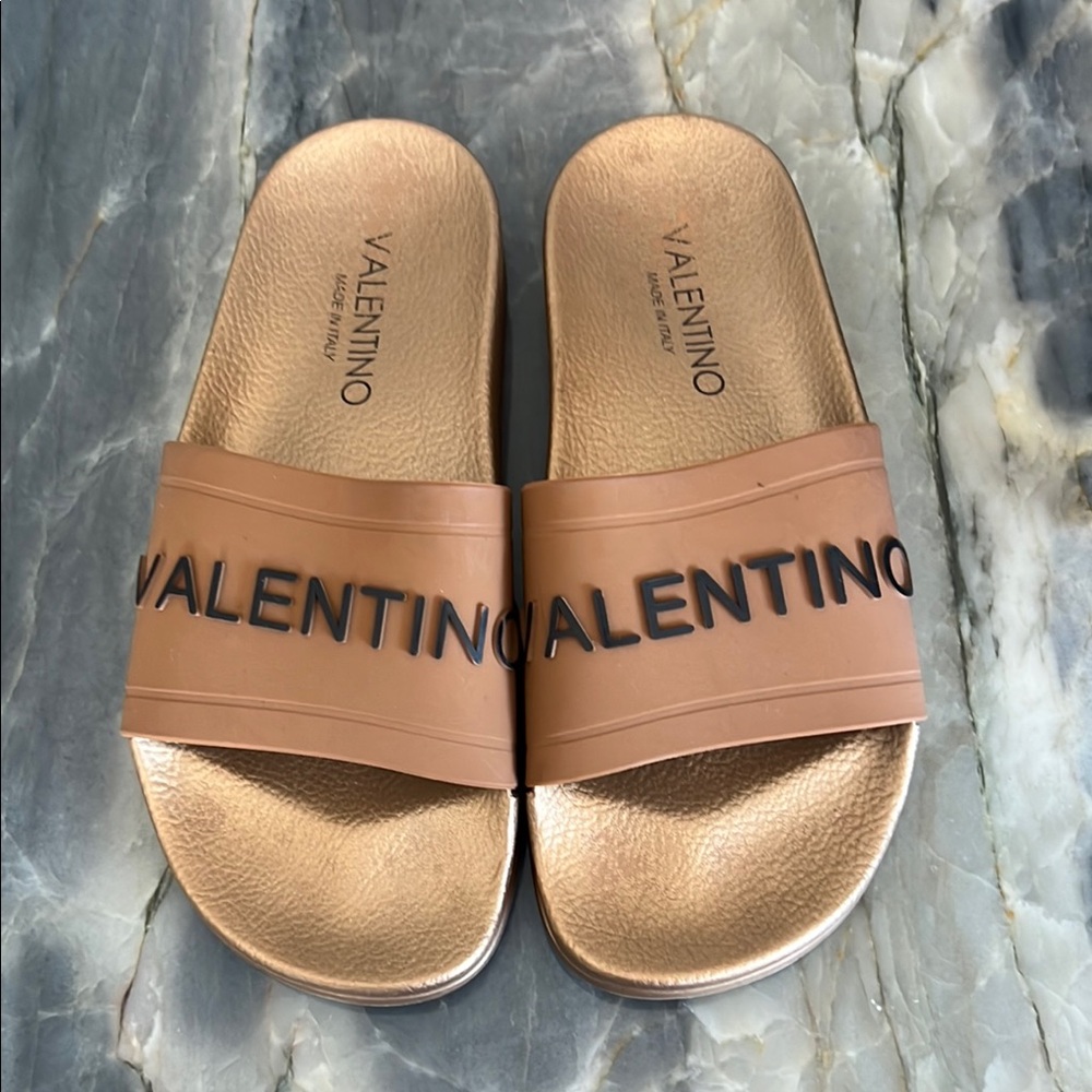 Valentino Tan Slide Sandals
